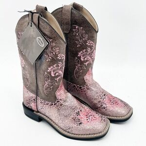 Old West Girls Crackle Faux Leather Cowboy Boots Western Pink Sparkle Size 2.5‎